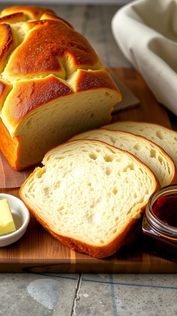 Sliced vanilla tulip sandwich bread on a wooden board with butter and jam.
